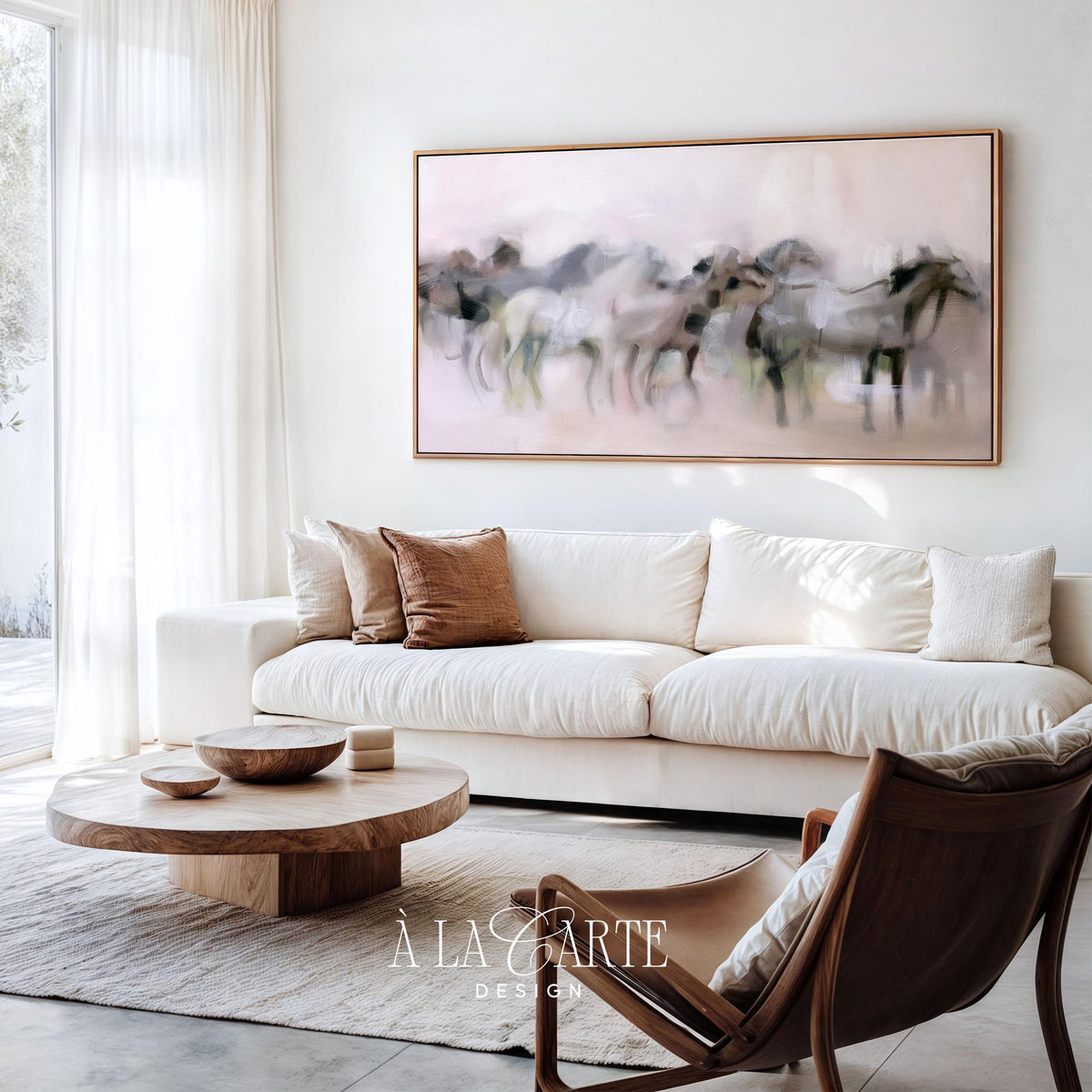 Herd of horses TV art for living room — soft abstract Frame TV art with muted taupe and cream tones