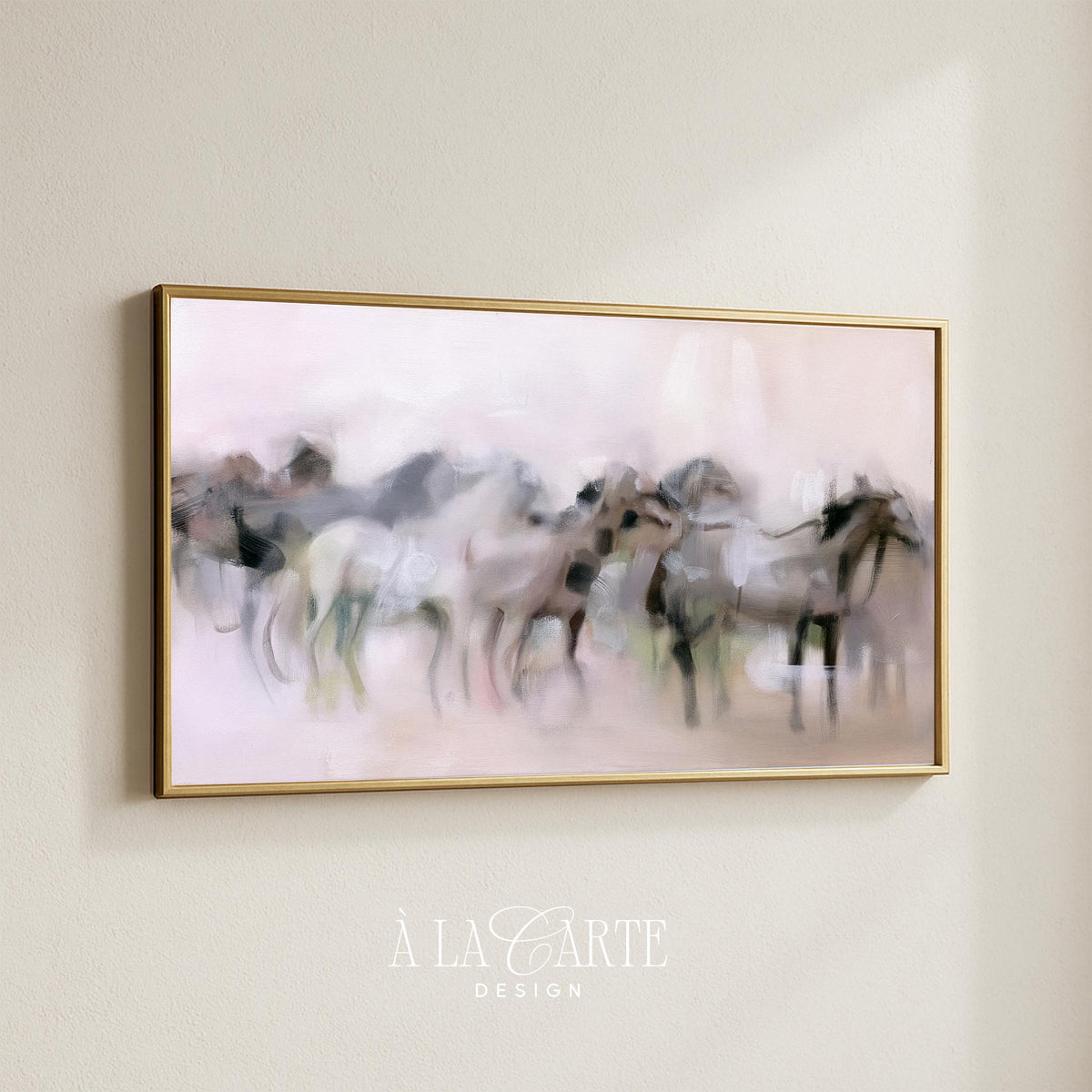 Soft focus horse gathering Frame TV download — calming TV art with warm gray and black muted palette