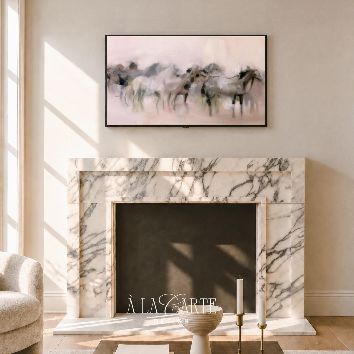 Clustered equines Frame TV art for study — elegant TV art with diffused quality and sophisticated neutral palette
