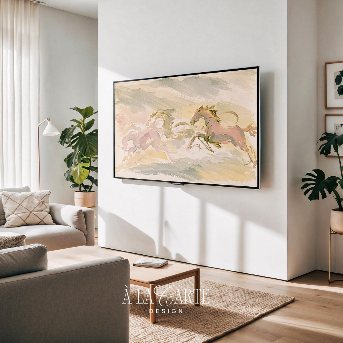 Dynamic horse herd Samsung Frame TV art for bedroom — panoramic TV art with abstract wind-swept mood and muted tones