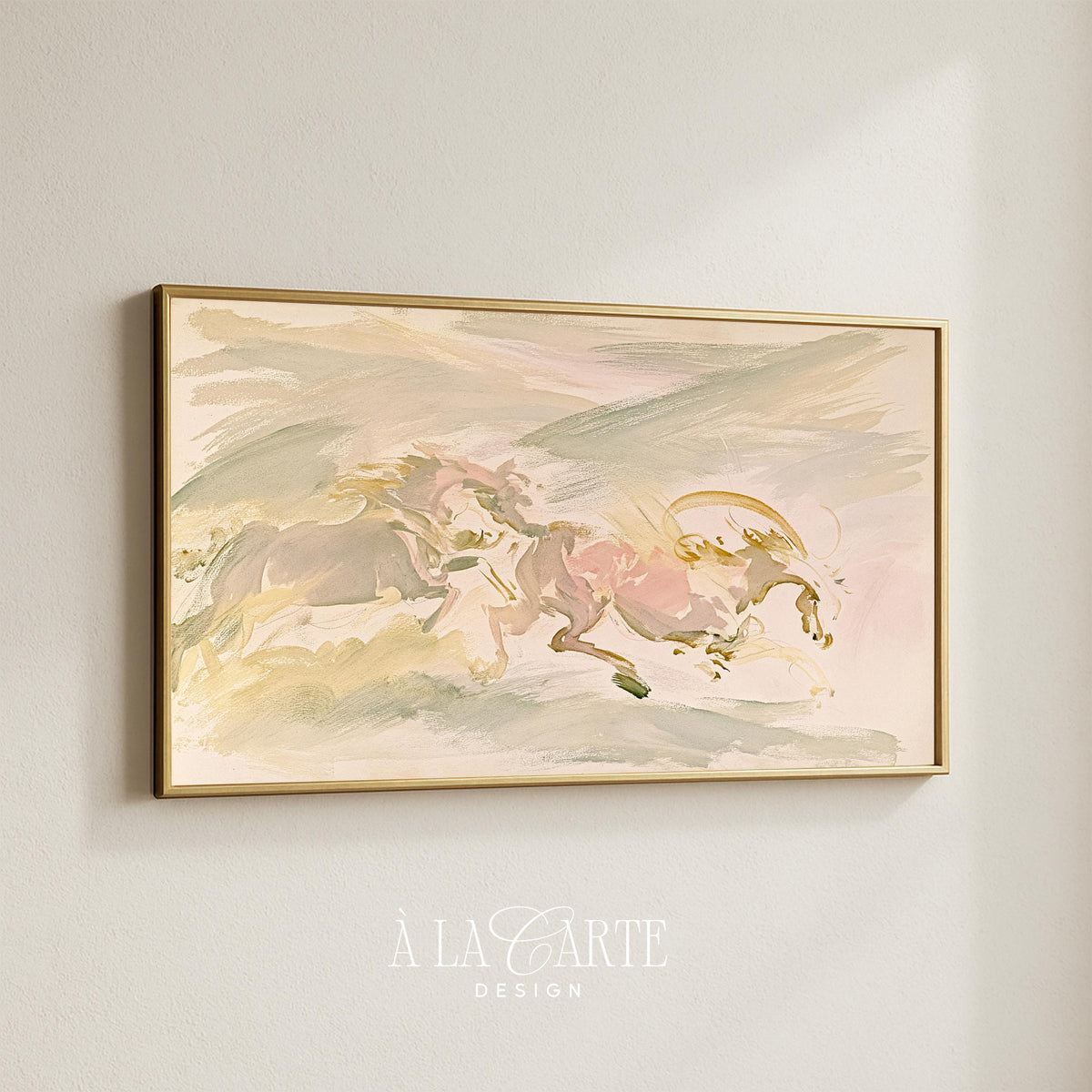 Graceful equestrian motion Samsung Frame TV art for bedroom — soft-focus panoramic design with airy romantic aesthetic