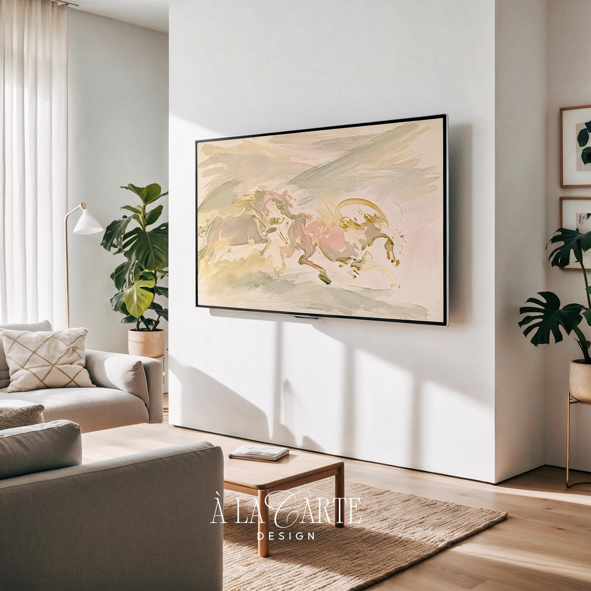 Dreamlike galloping forms Samsung Frame TV art for entryway — airy vintage aesthetic with loose painterly strokes and calming vibes