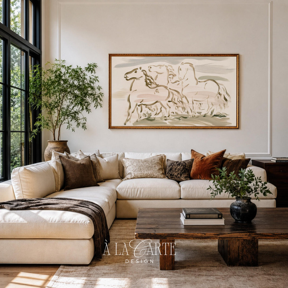 Three galloping horses Frame TV art — abstract line drawing TV screensaver with sage green and cream palette for bedroom