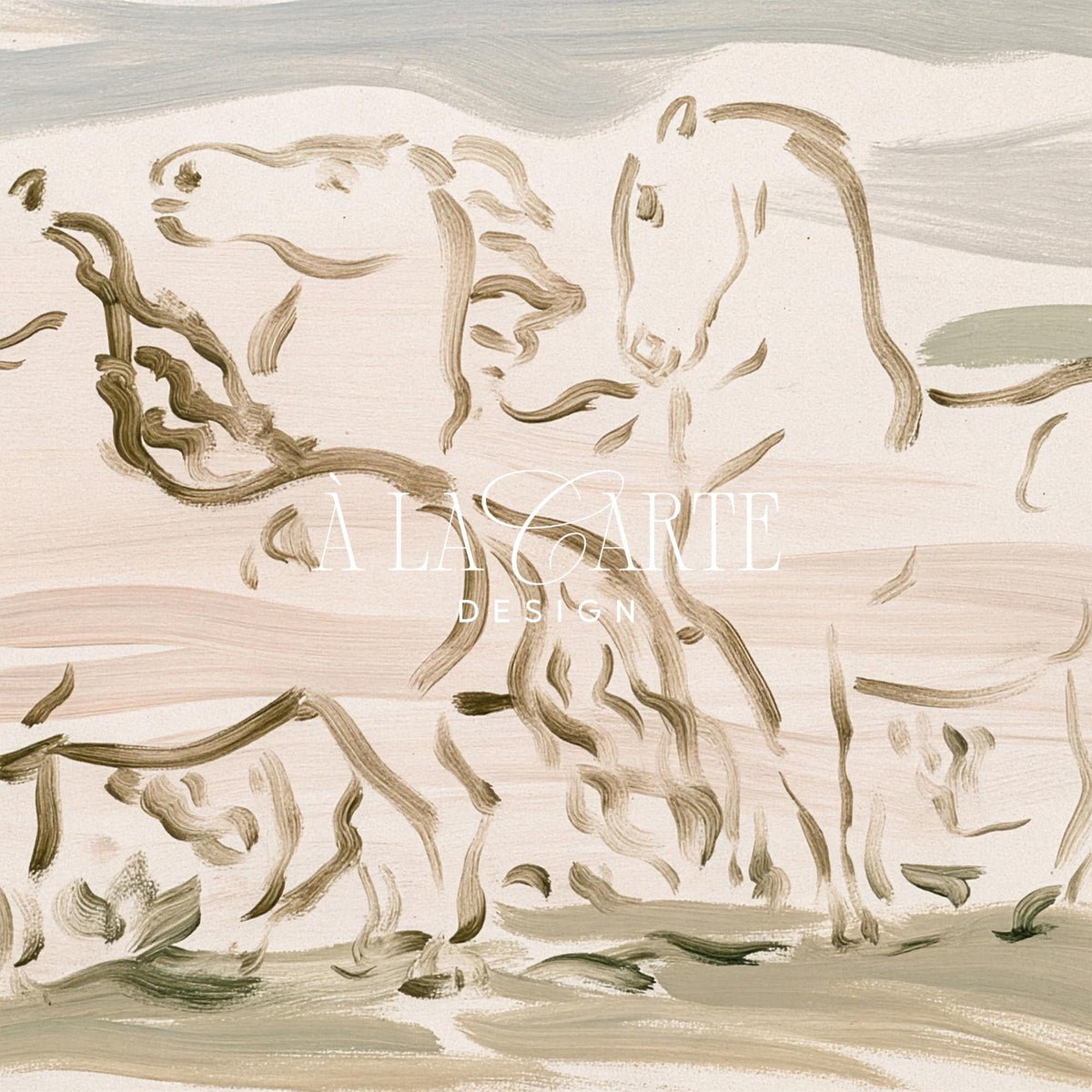 Loose brushstroke horse trio TV art for living room — calming neutral linework design for Frame TV with earthy tan hues