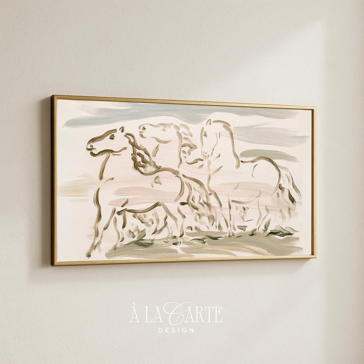 Three-horse Samsung Frame TV art — understated equine composition with gentle horizontal color bands for peaceful farmhouse spaces
