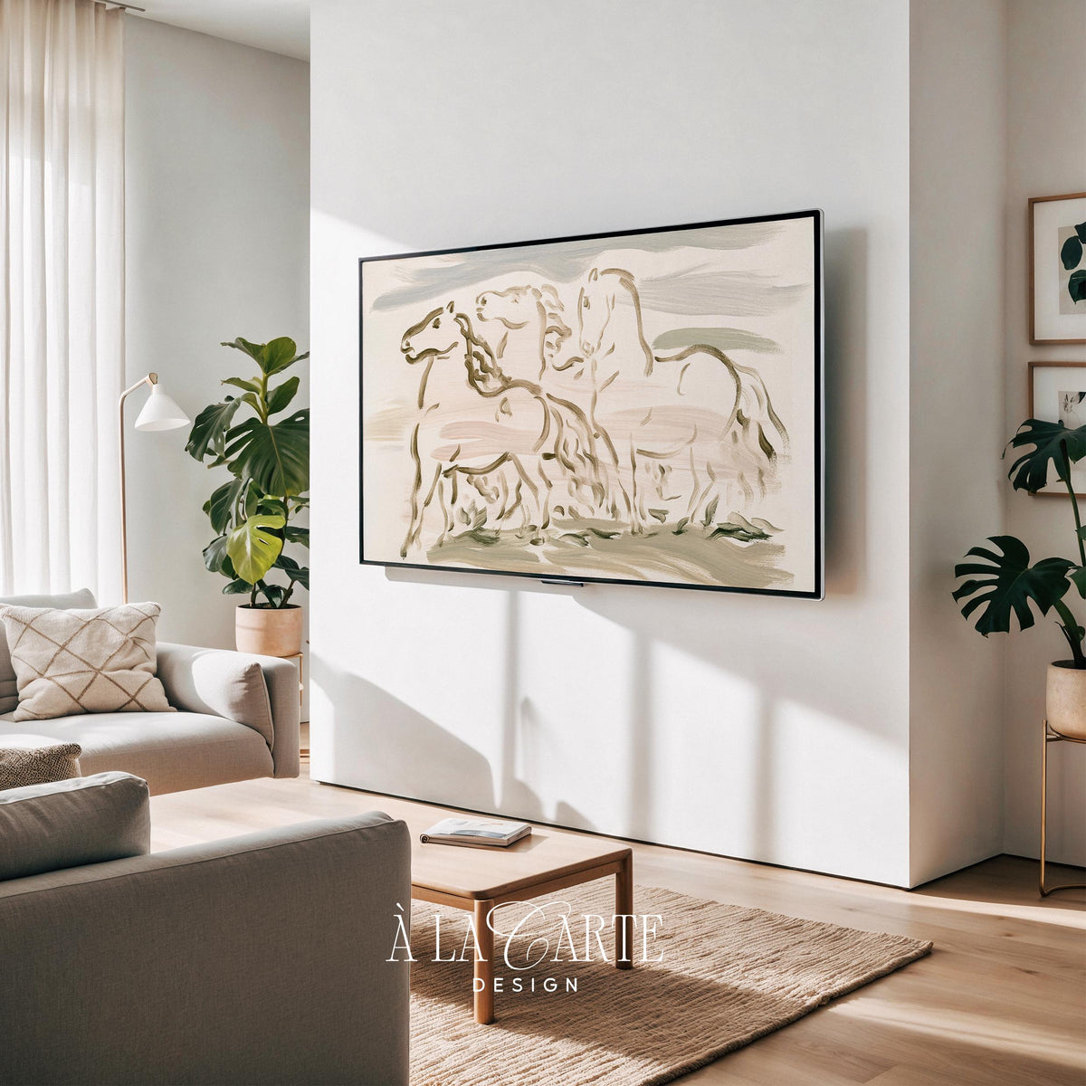 Three horses in motion TV art download — contemplative Frame TV artwork with loose brushwork, cream palette, and horizonal field strokes