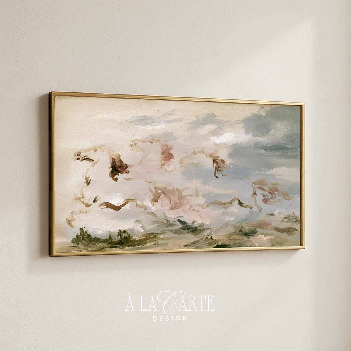 Misty equestrian landscape Samsung Frame TV art — vintage-inspired TV screensaver with loose textured brushwork and muted colors