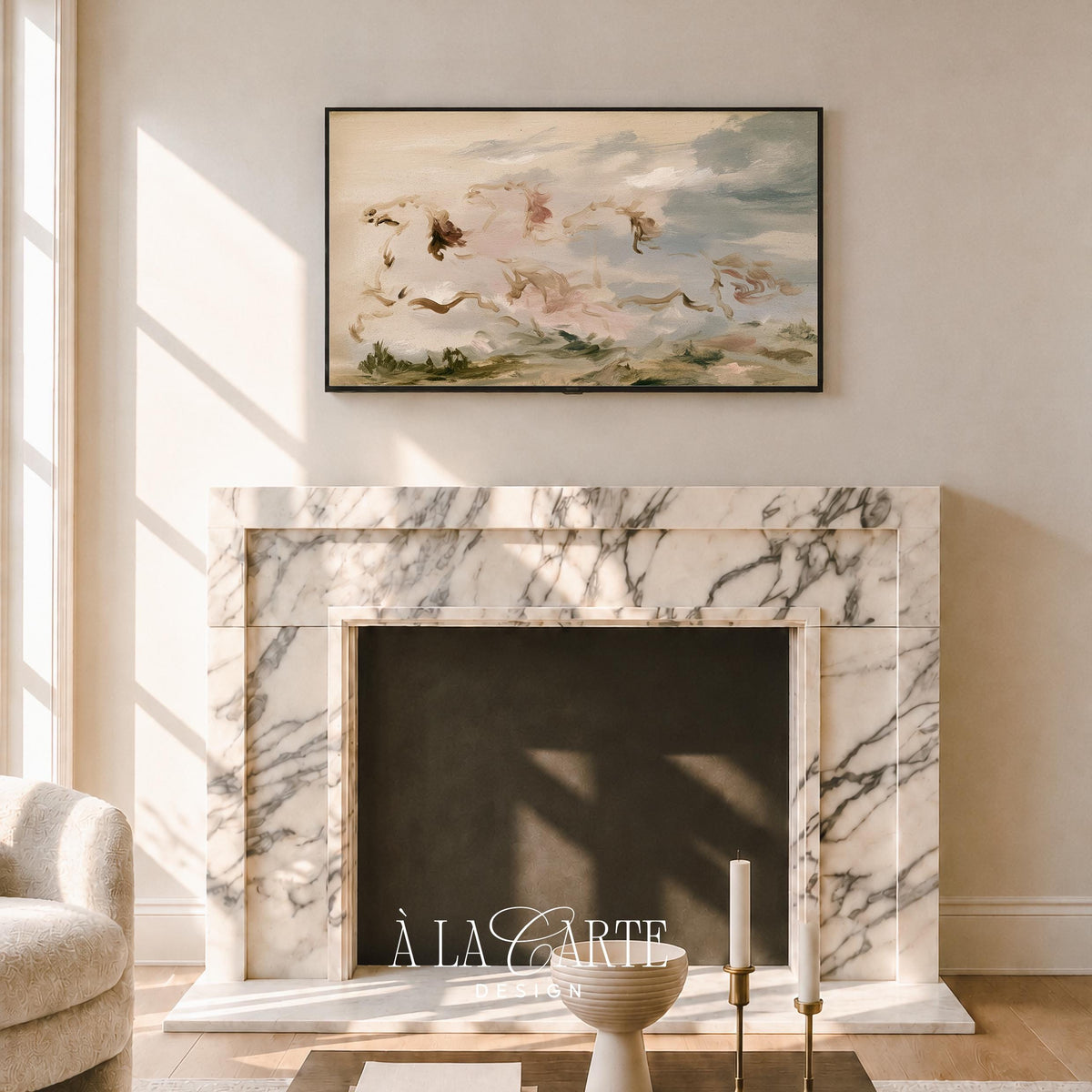 Atmospheric horse painting Frame TV art for kitchen — moody cloud-filled Samsung Frame TV download with earth-tone aesthetic