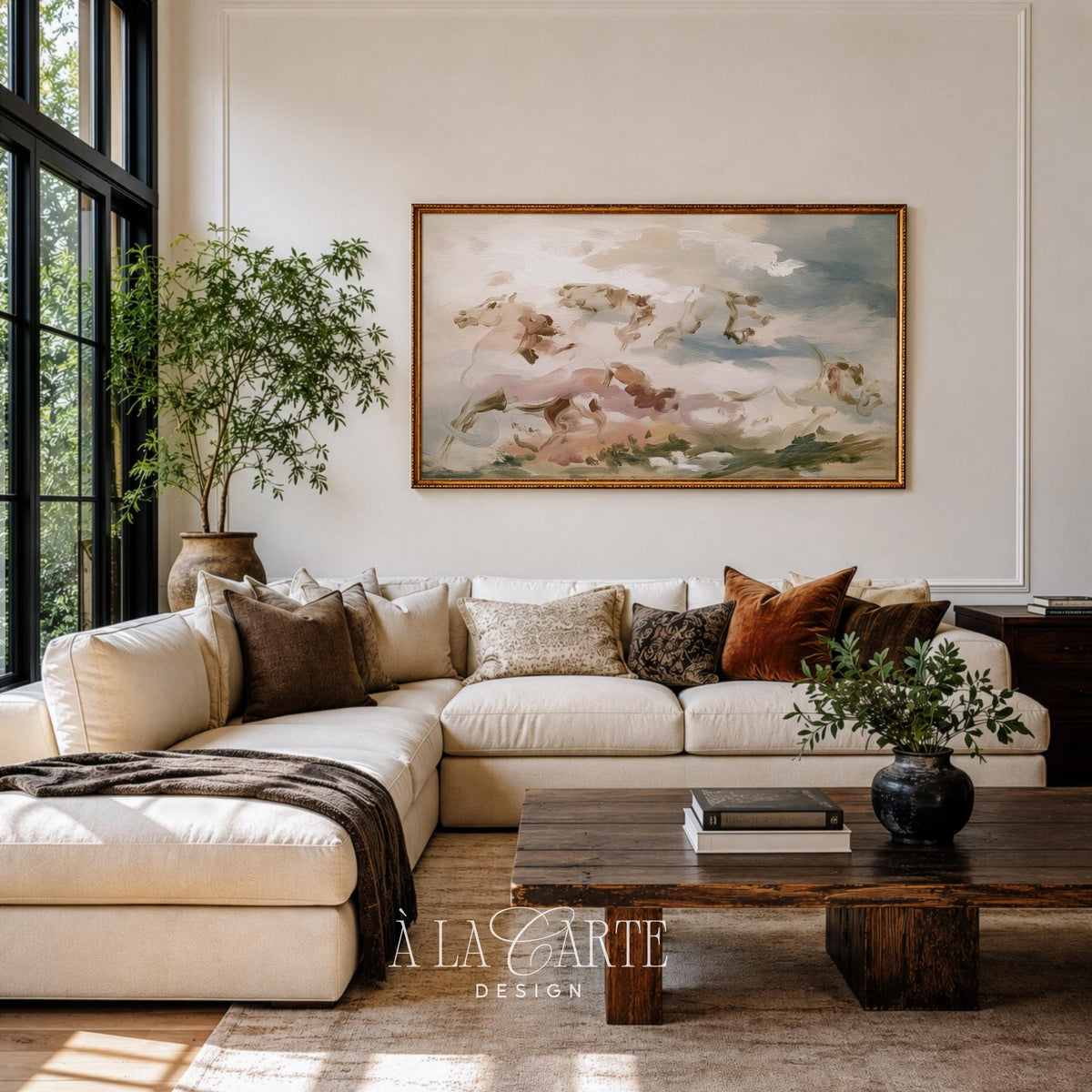 Abstract galloping horses Frame TV art for hallway — antique-inspired fine art with blended muted tones and atmospheric painterly technique