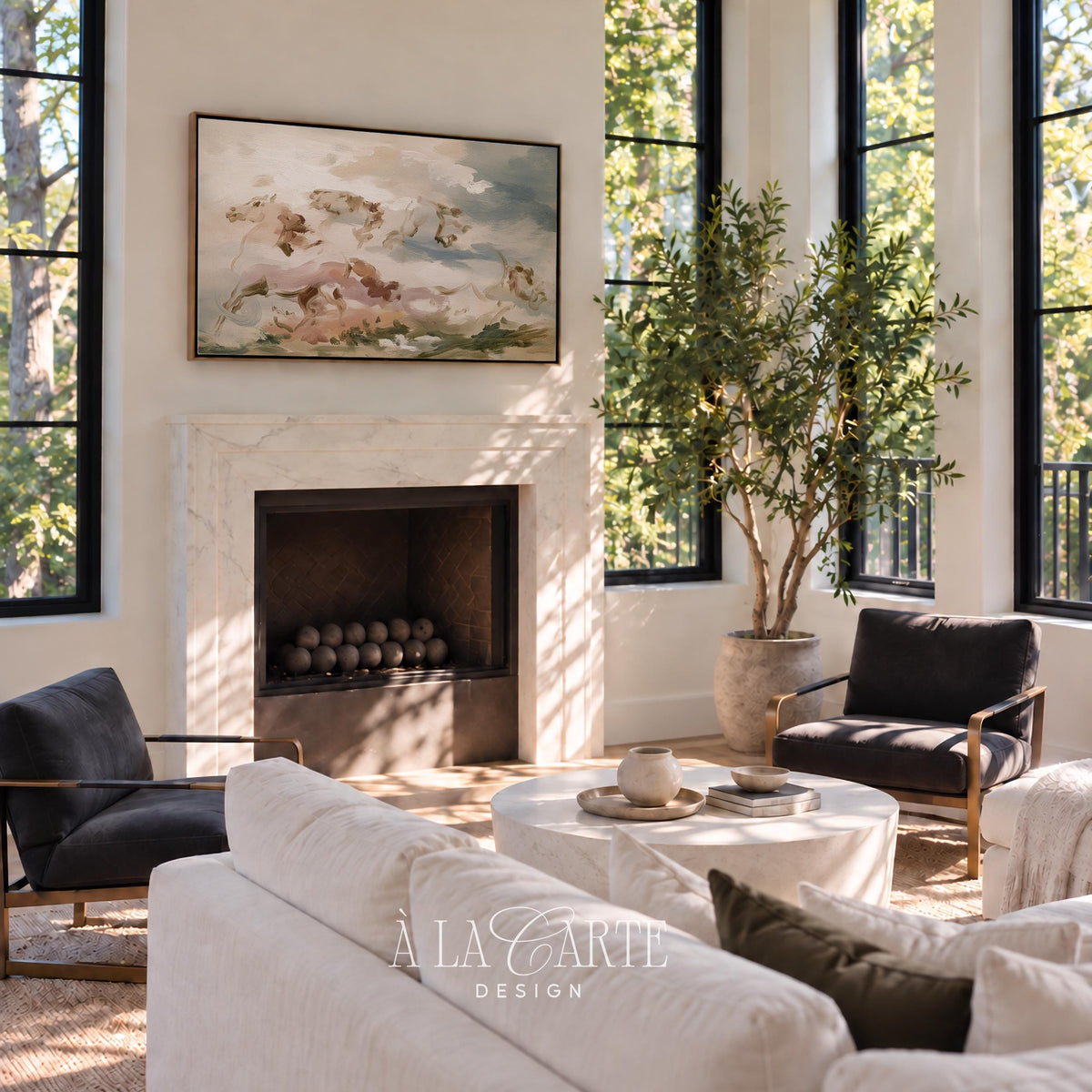 Vintage equestrian TV art featuring dynamic galloping horses in moody neutral palette with dreamy brushstrokes and faded antique quality