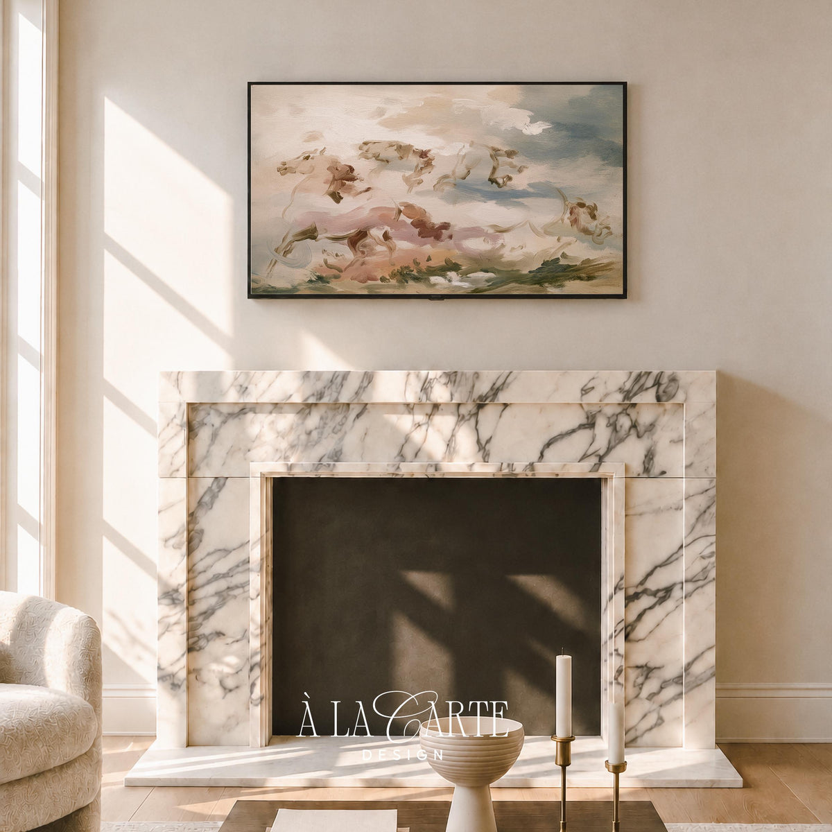 Samsung Frame TV art for living room — abstract galloping equines dissolving into soft haze with muted blush and sage green landscape