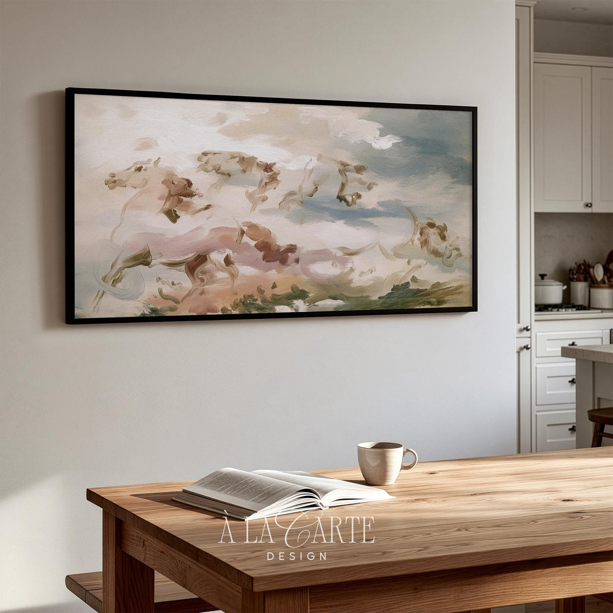 Abstract horse herd Samsung Frame TV art for bedroom — soft painterly style with muted sage and cloud-like atmospheric effects