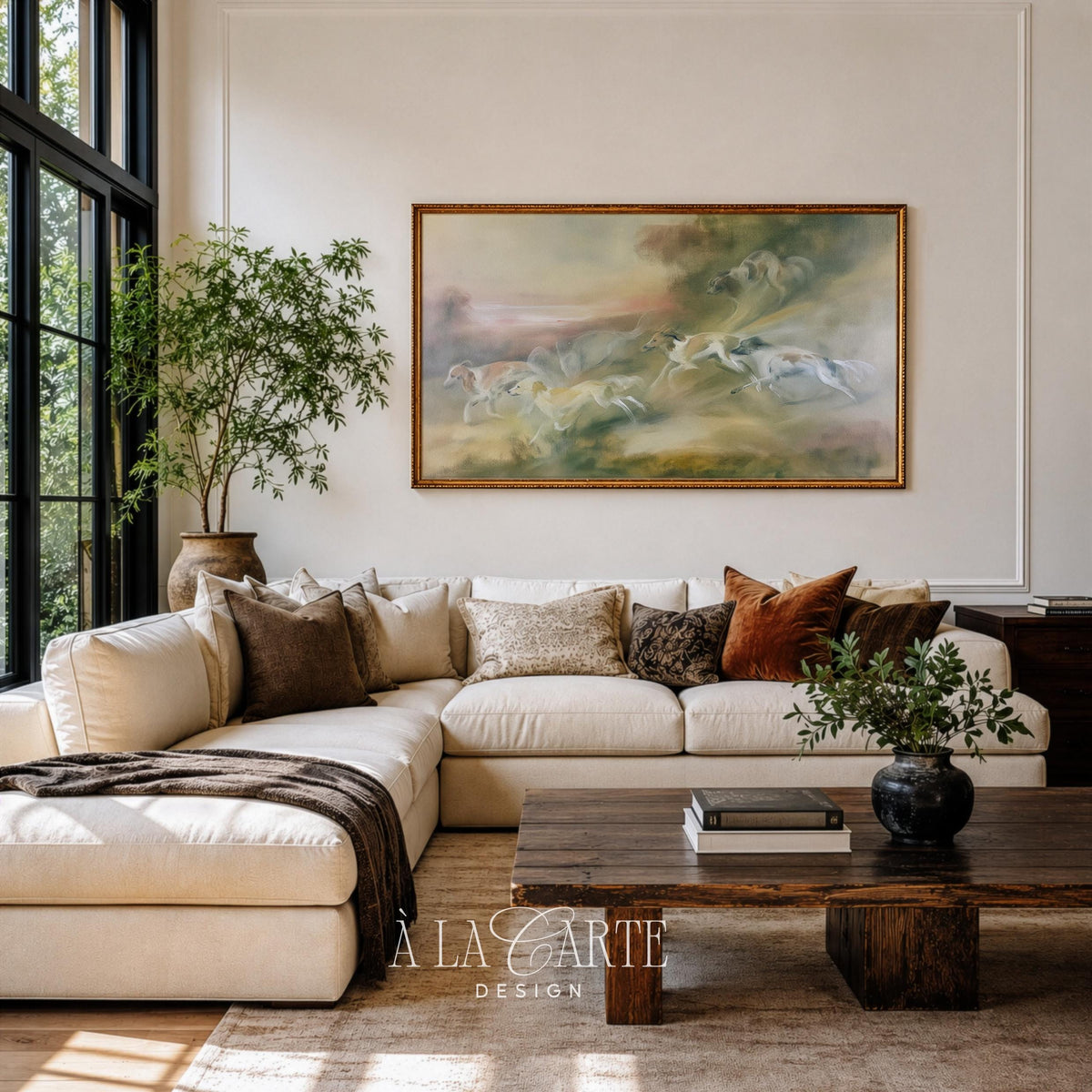 Leaping dogs in landscape Samsung Frame TV screensaver — classic equestrian-inspired art with muted color palette and depth