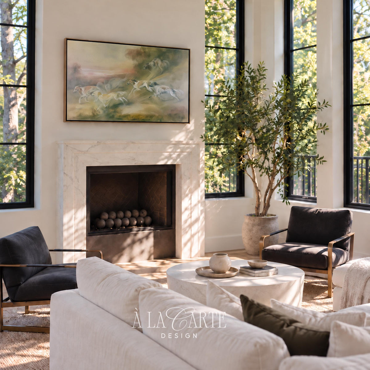 Galloping hounds in motion TV art for living room — vintage-style Frame TV artwork with soft brushwork and muted greens