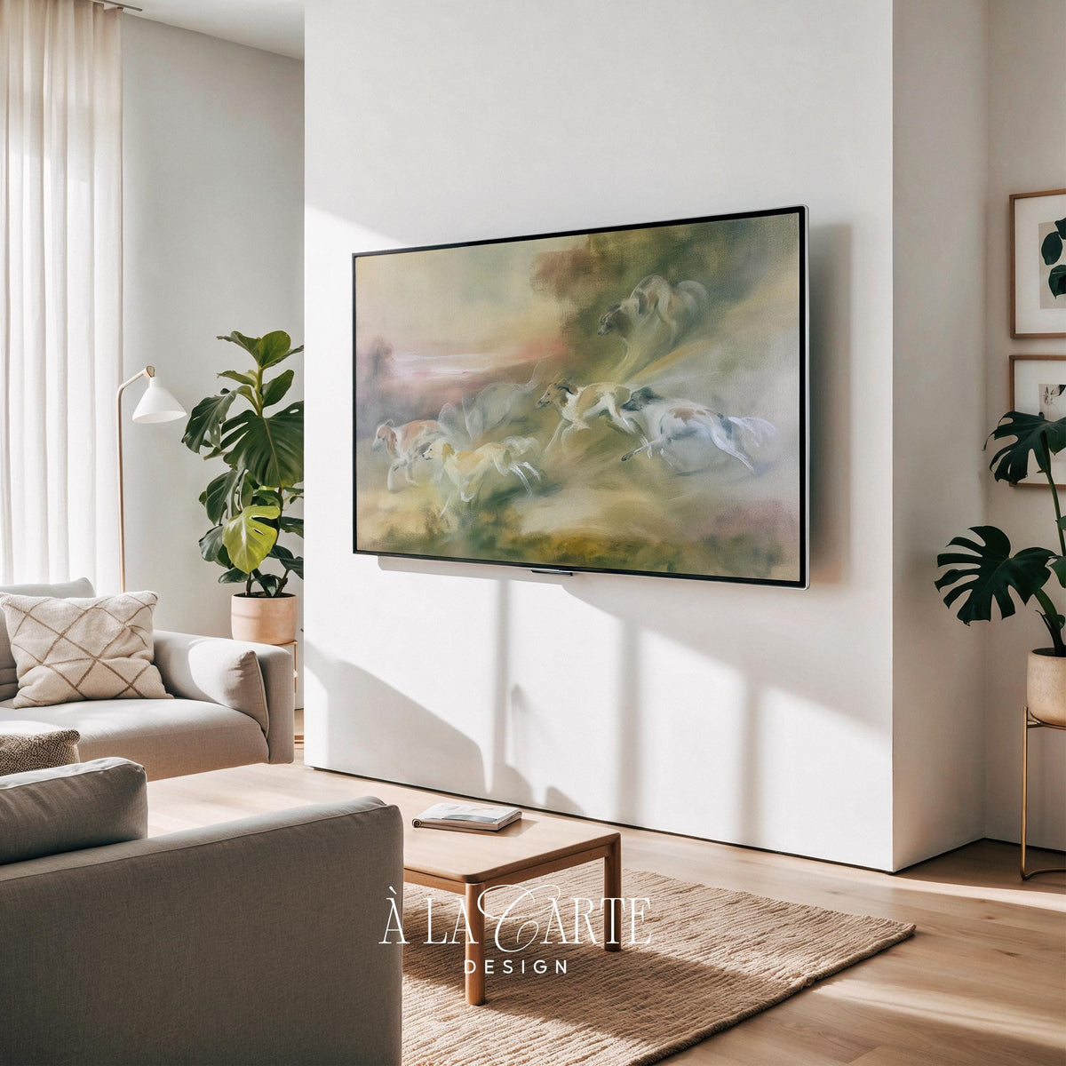 Running dogs in motion Samsung TV art — vintage-inspired Frame TV download with loose brushstrokes and countryside atmosphere