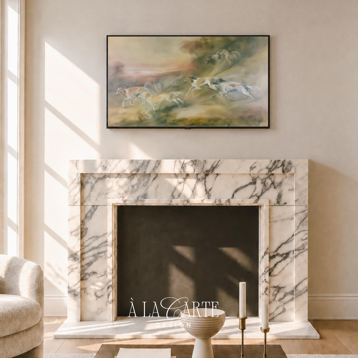 Pack of bounding hounds Frame TV art for den — ethereal landscape with soft trees, muted tones, and antique charm