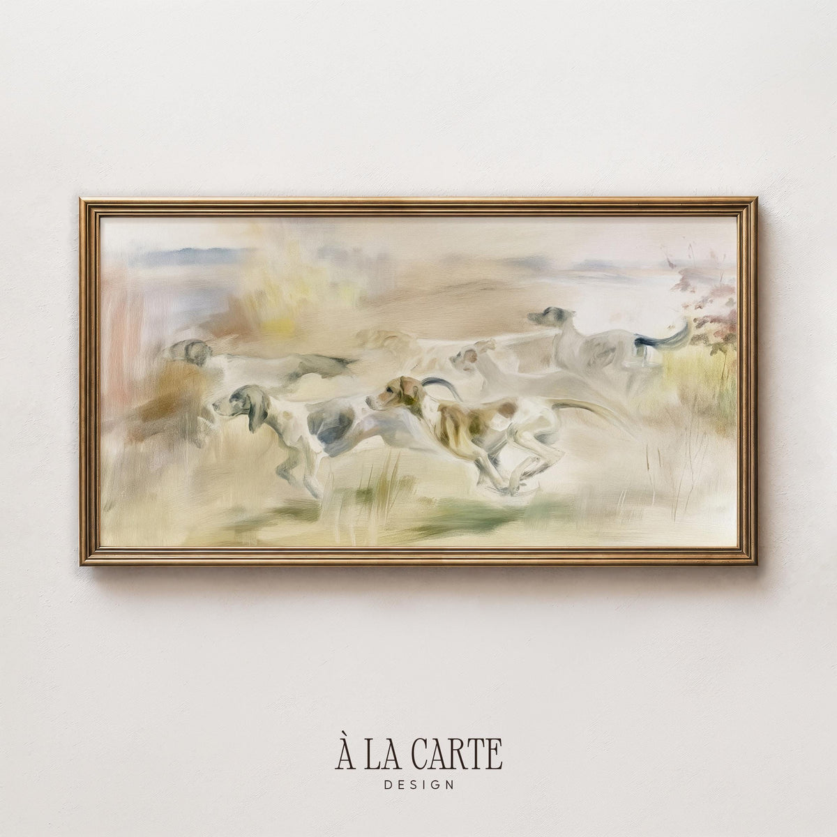 Sporting hounds racing through grassland digital art for TV — loose brushstrokes with hazy horizon capturing countryside movement