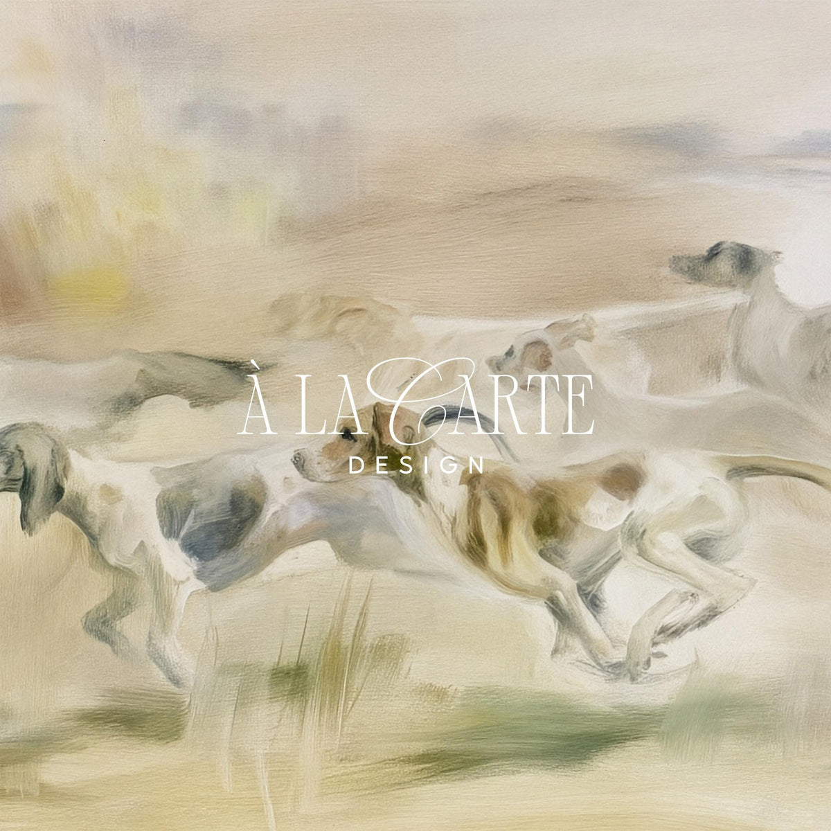 Fleet of working dogs across meadow Samsung Frame TV download — vintage-inspired soft landscape with weathered pastoral vibes