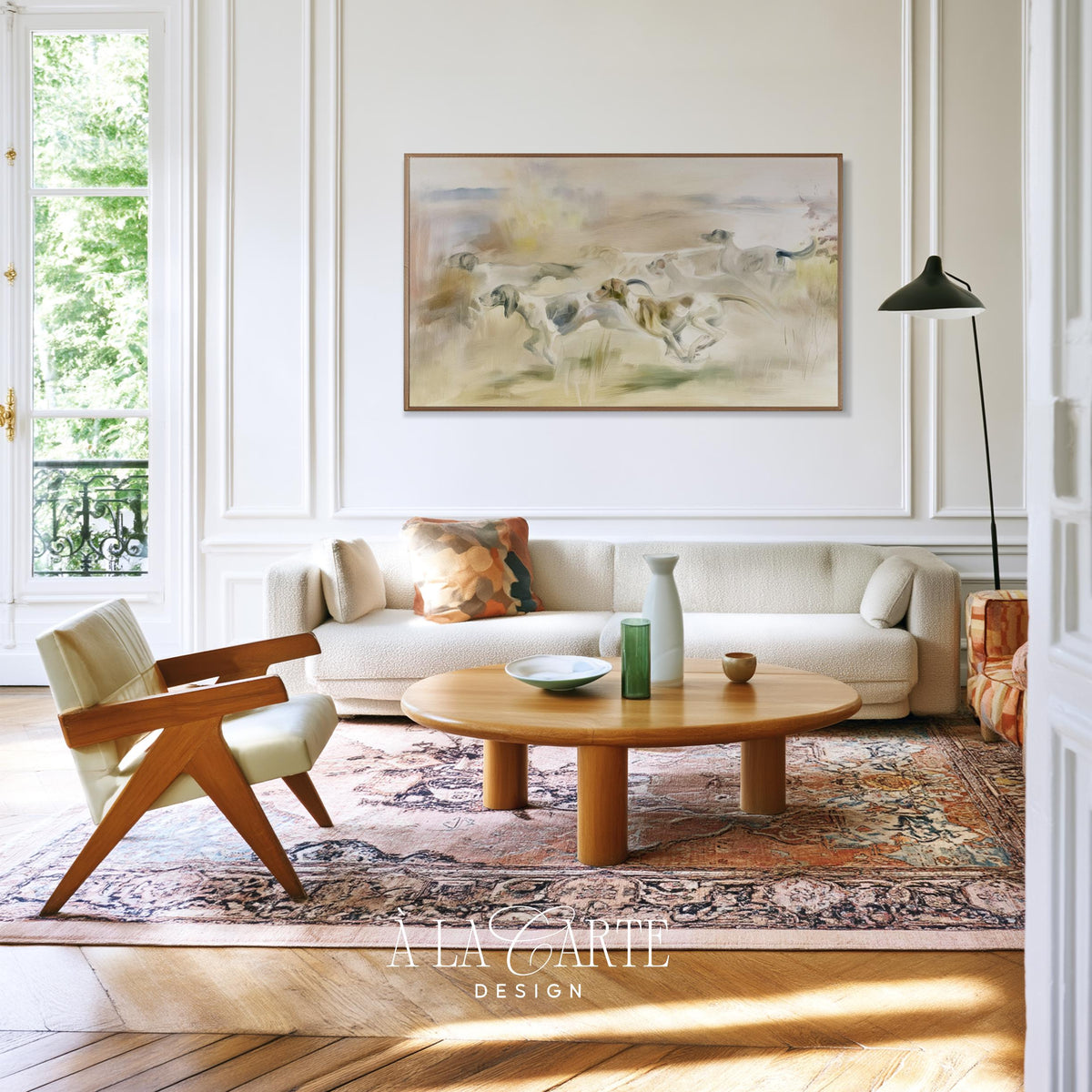 Dogs in motion through open field TV art for bedroom — faded vintage landscape with equestrian lodge ambiance and blended textures