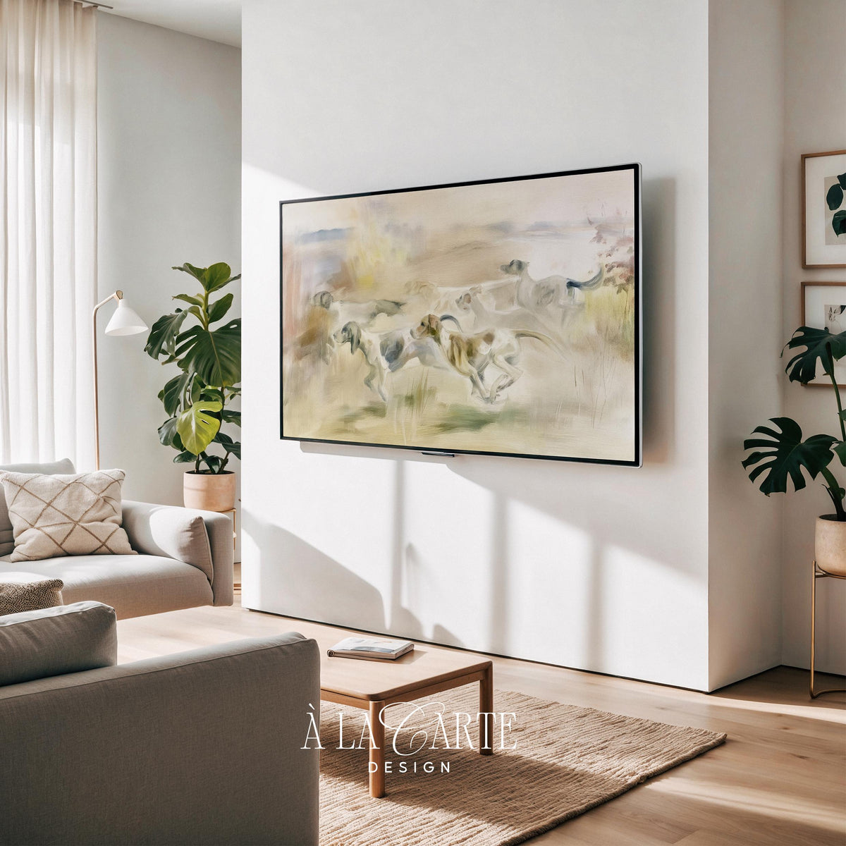 Dogs in stride across open terrain Frame TV art for cabin — rustic textured painting with soft muted colors and countryside mood