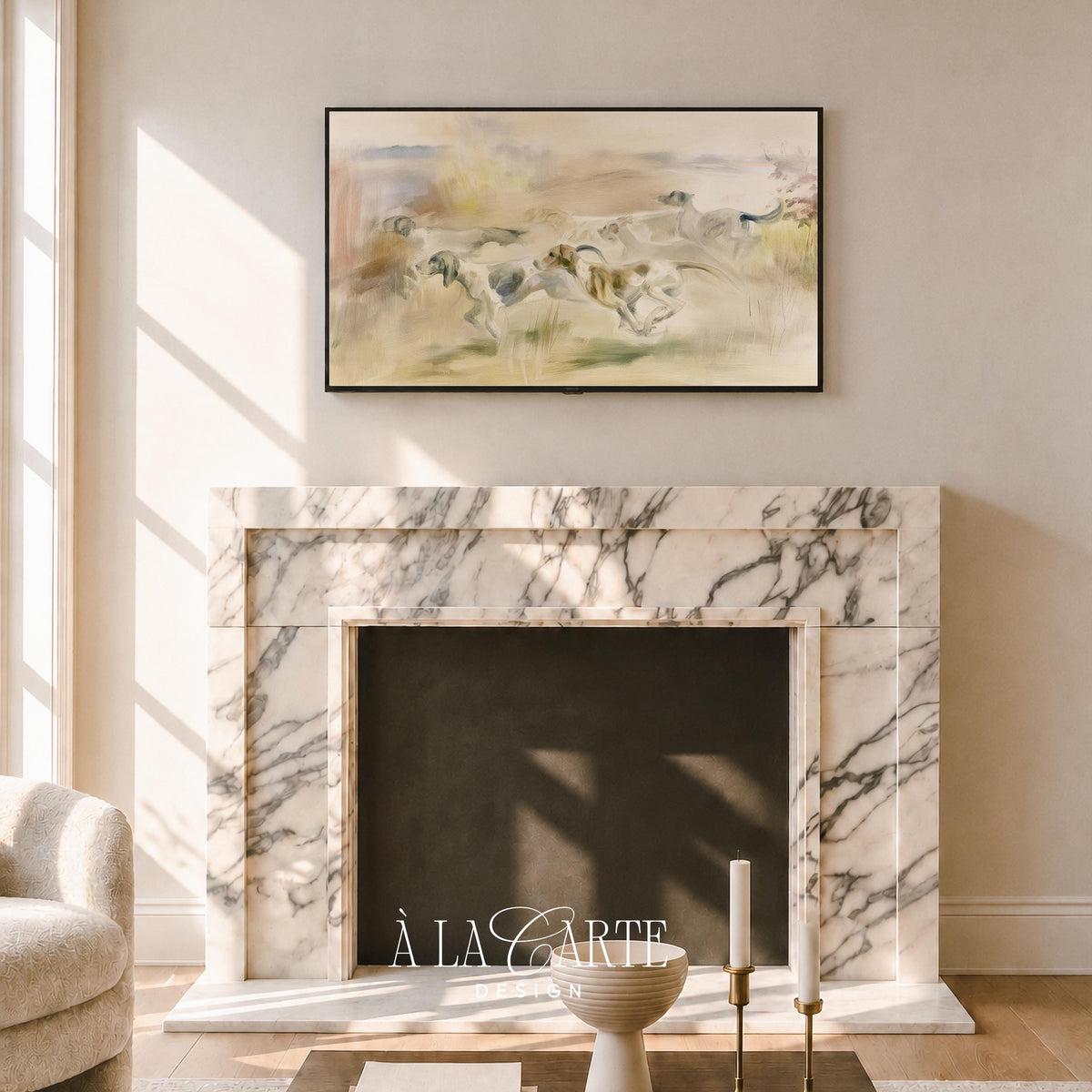 Sporting dogs mid-gallop through grassland TV screensaver art — textured soft palette with pastoral movement and countryside lodge ambiance