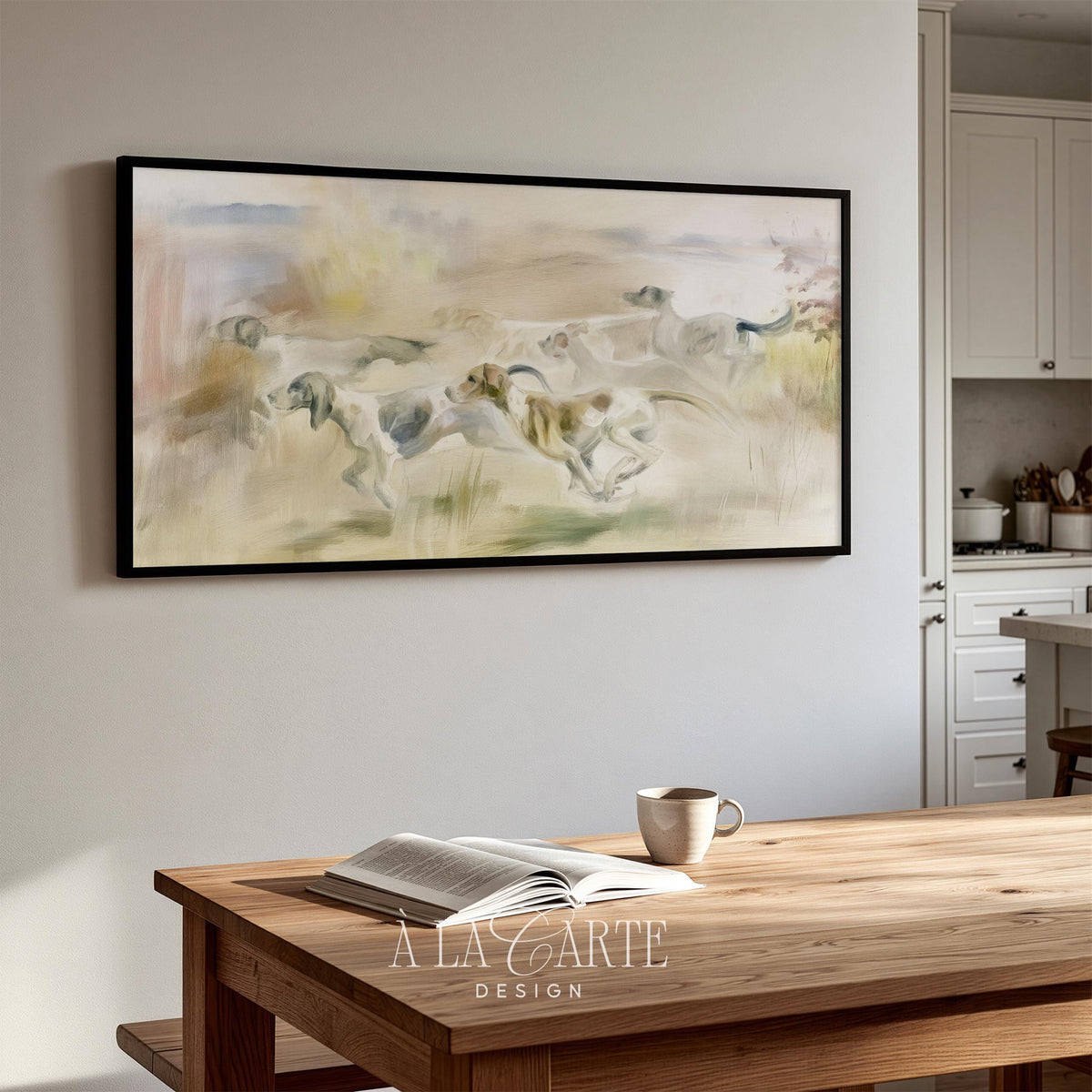 Pack of pointers sprinting across tall grasses Samsung Frame TV art for den — soft painterly brushwork with muted pastoral aesthetic