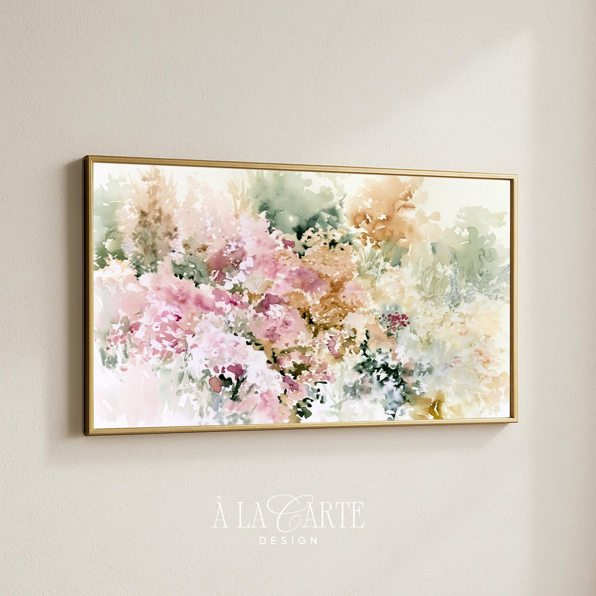 Blended flower composition Frame TV art for nursery — peachy pink and sage botanical painting with soft textured washes