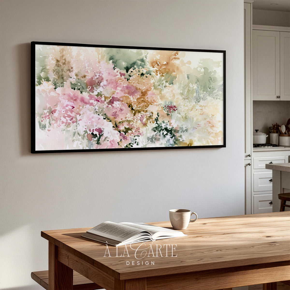 Soft romantic flowers Samsung Frame TV download — abstract watercolor composition with muted gold and blush petals