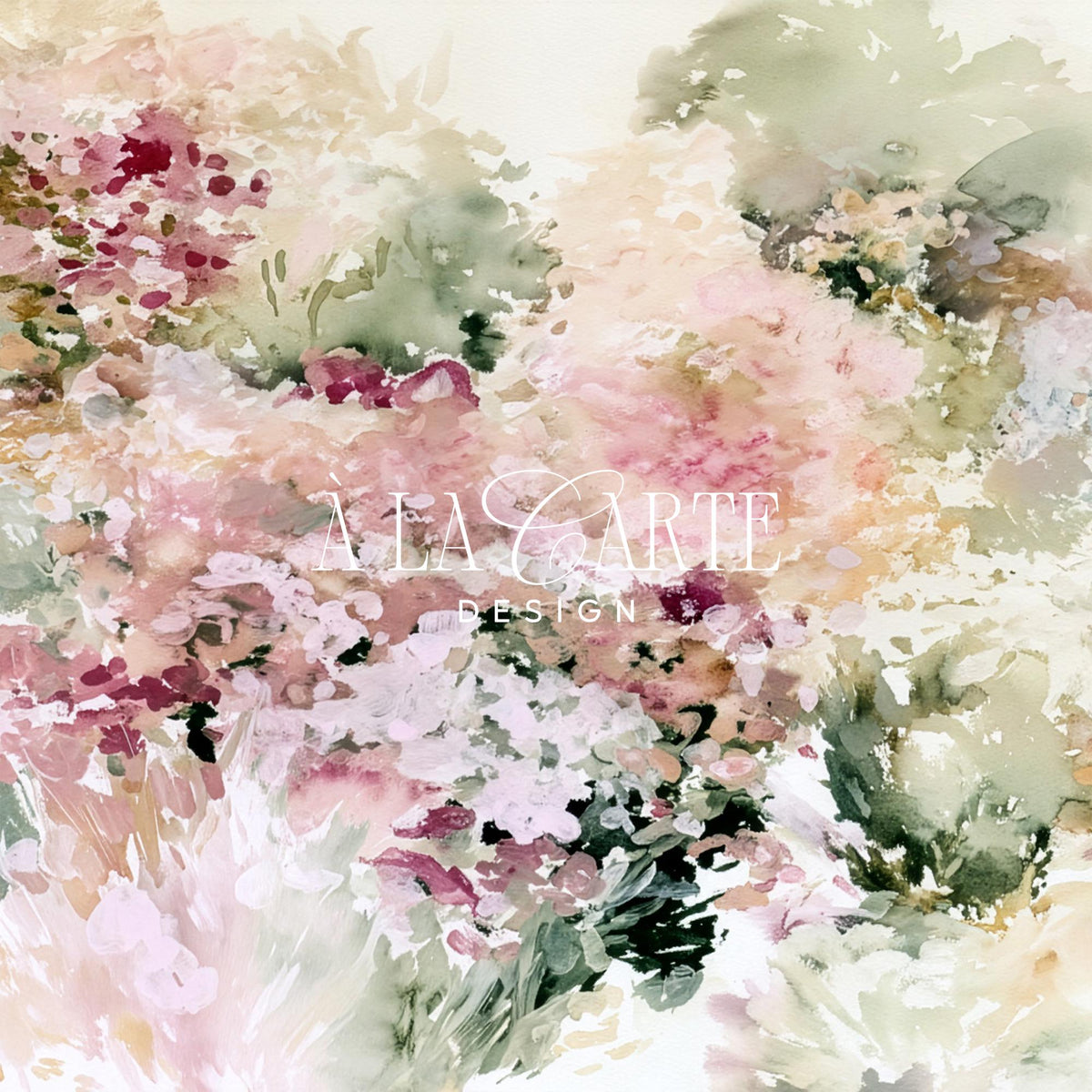 Abstract flower meadow digital art for TV — dreamy cottagecore botanical scene with watercolor brushwork and muted palette