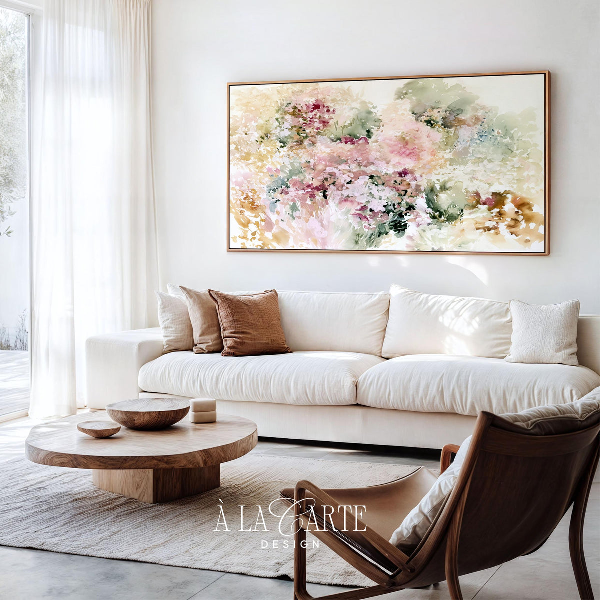 Impressionistic wildflower TV art for living room — airy impressionistic composition blending sage and blush tones with organic foliage clusters
