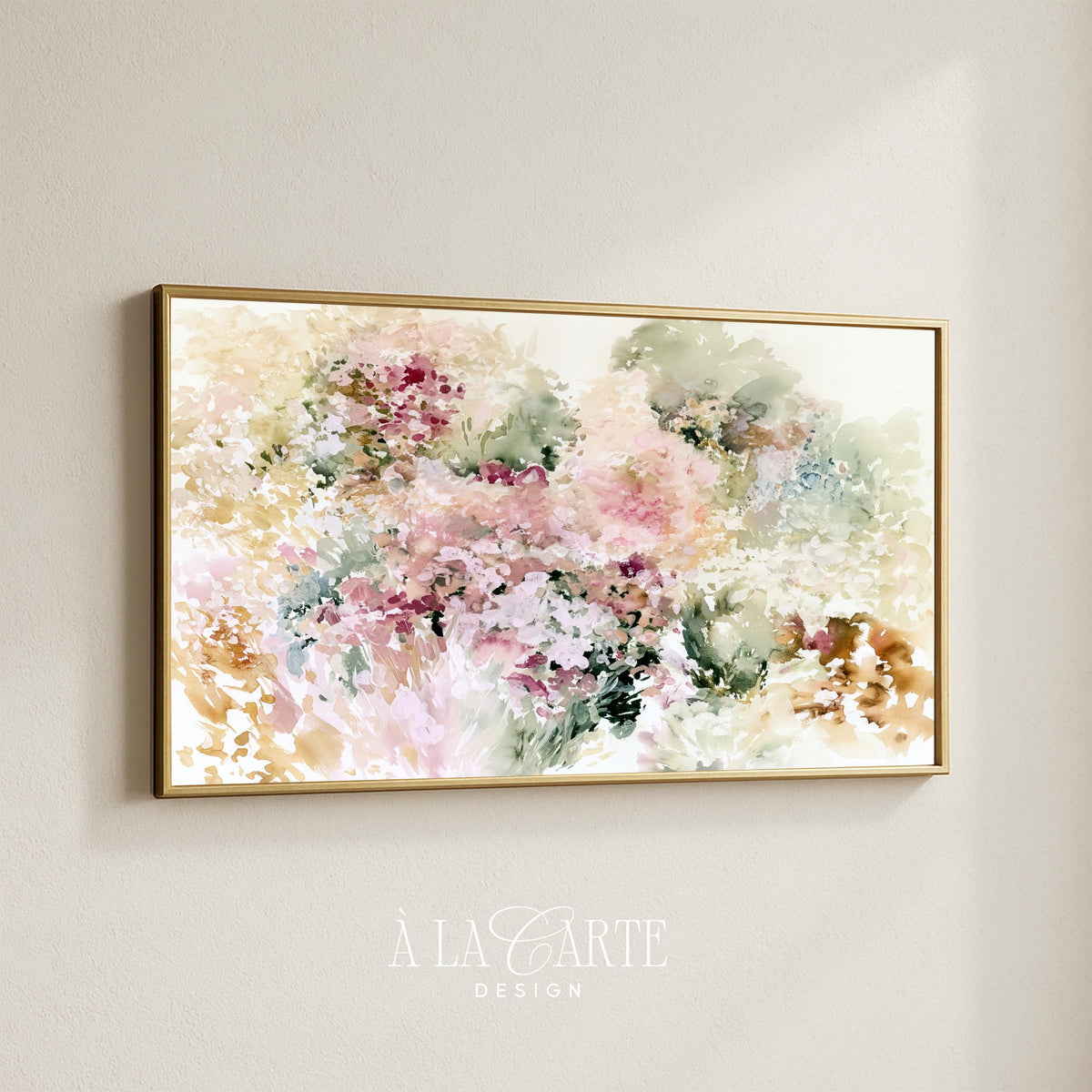 Soft floral garden Frame TV art — impressionistic wildflower blooms in blush pink and sage green tones for Samsung Frame TV display