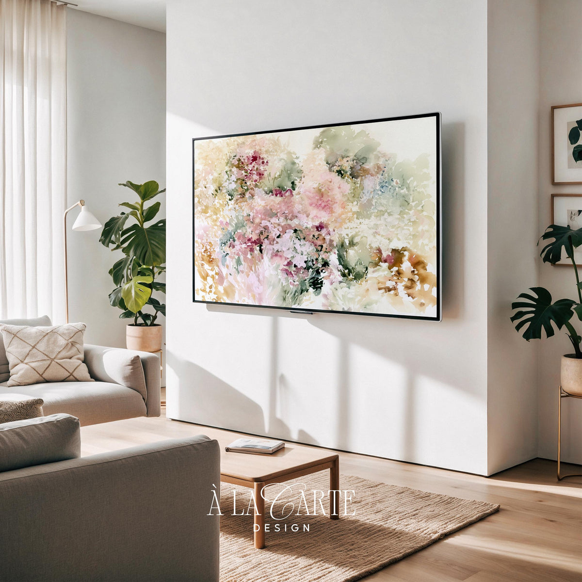 Romantic meadow Frame TV art — loose impressionistic foliage with gold accents and airy composition for sophisticated living spaces