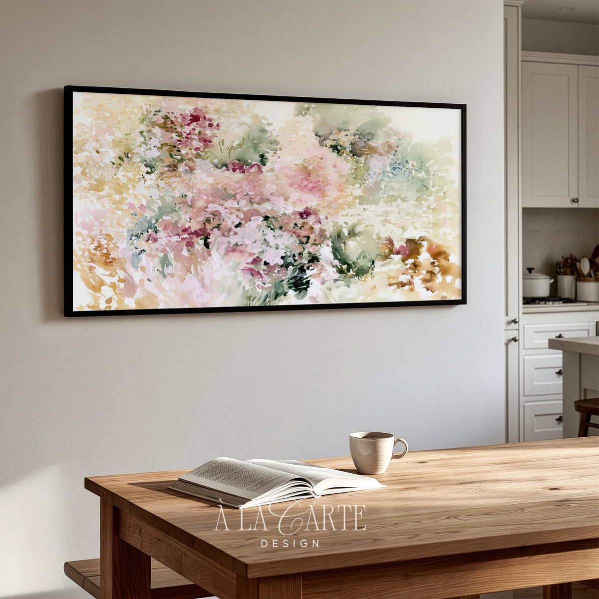 Dreamy floral digital art for TV — sage and blush toned botanical composition with watercolor blending and elegant airy feel