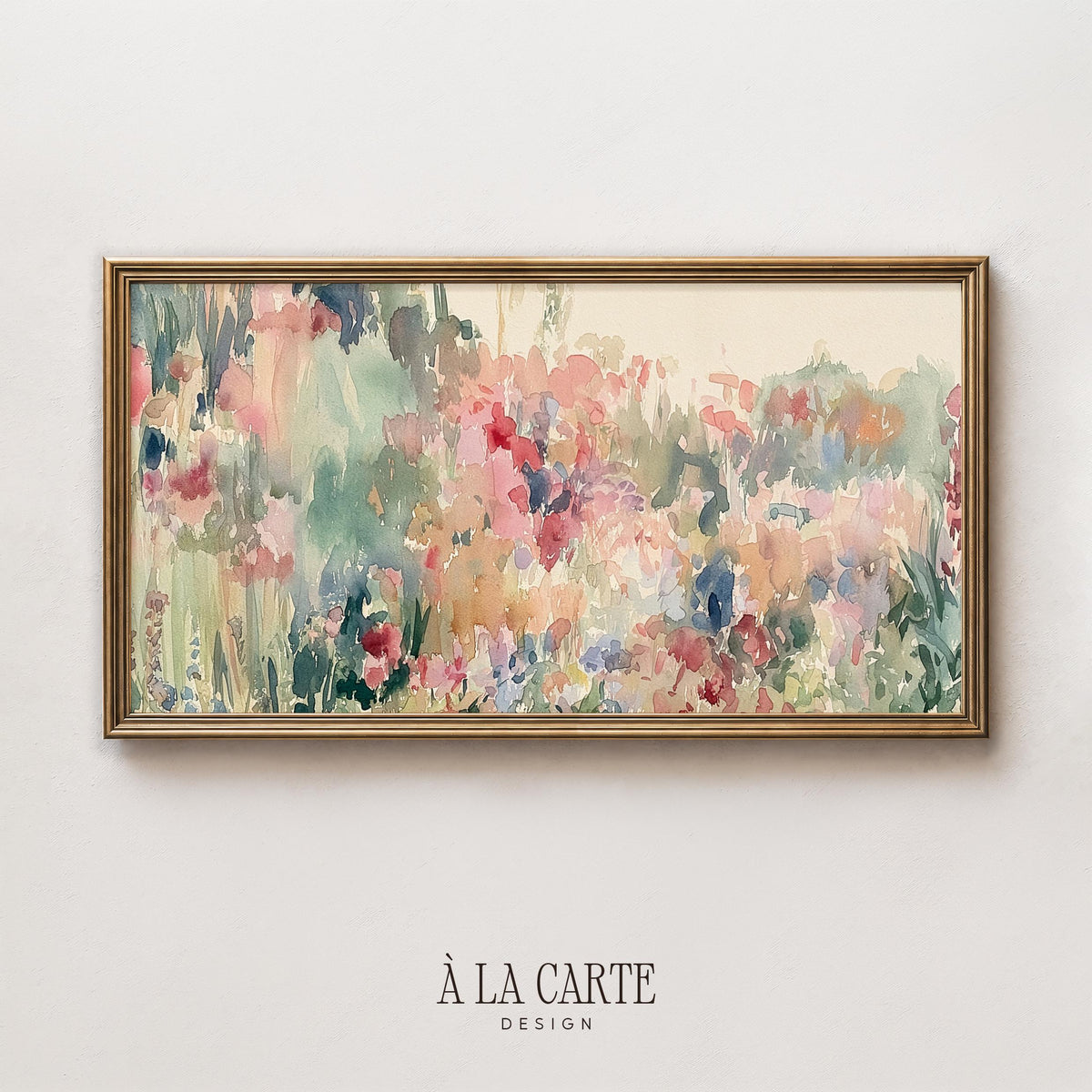 Romantic spring bloom digital art for Frame TV — loose watercolor flowers with blended washes in peachy tones
