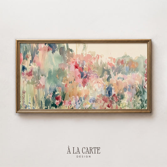 Romantic spring bloom digital art for Frame TV — loose watercolor flowers with blended washes in peachy tones