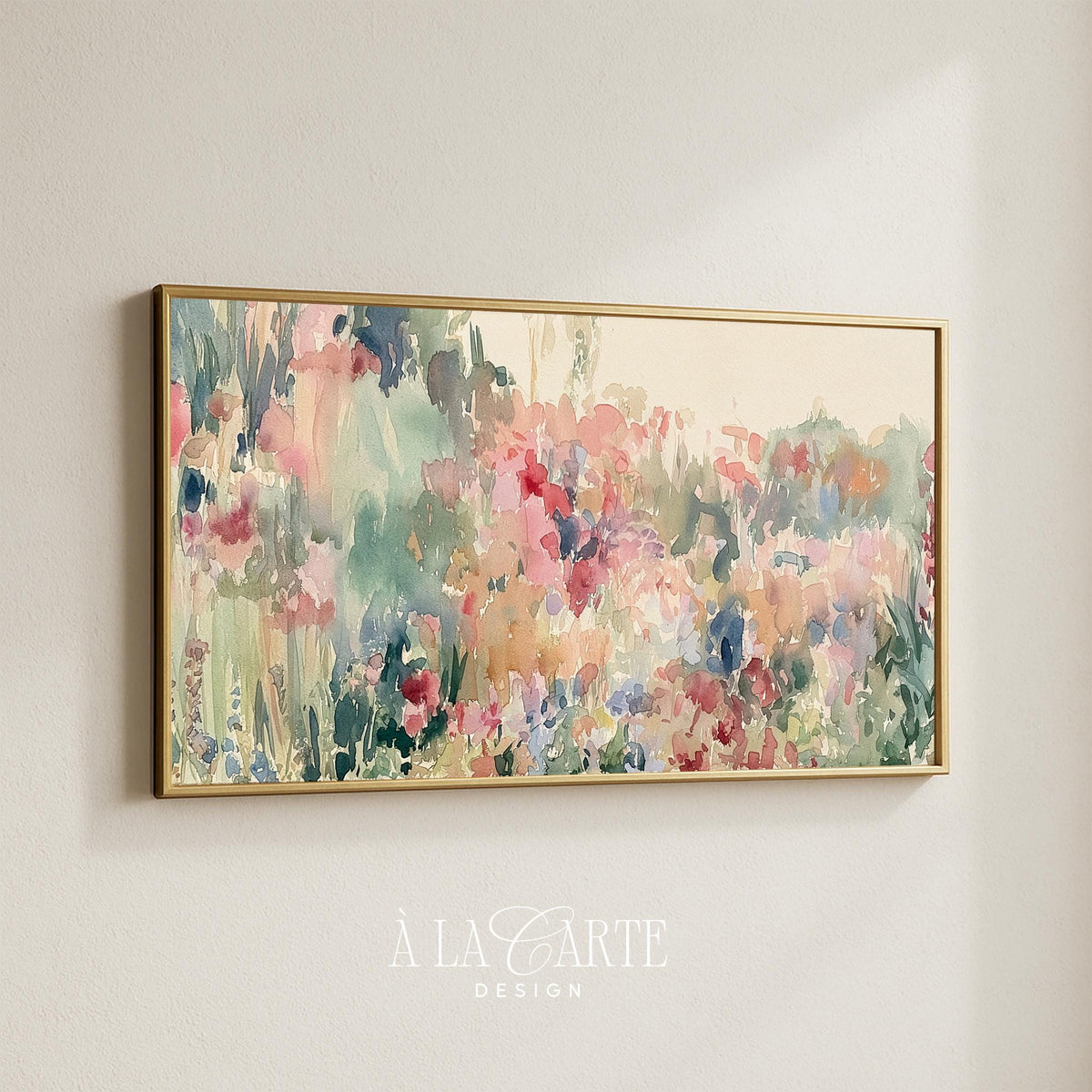Soft floral garden Frame TV art — watercolor wildflowers in blush pink and sage green for bedroom display