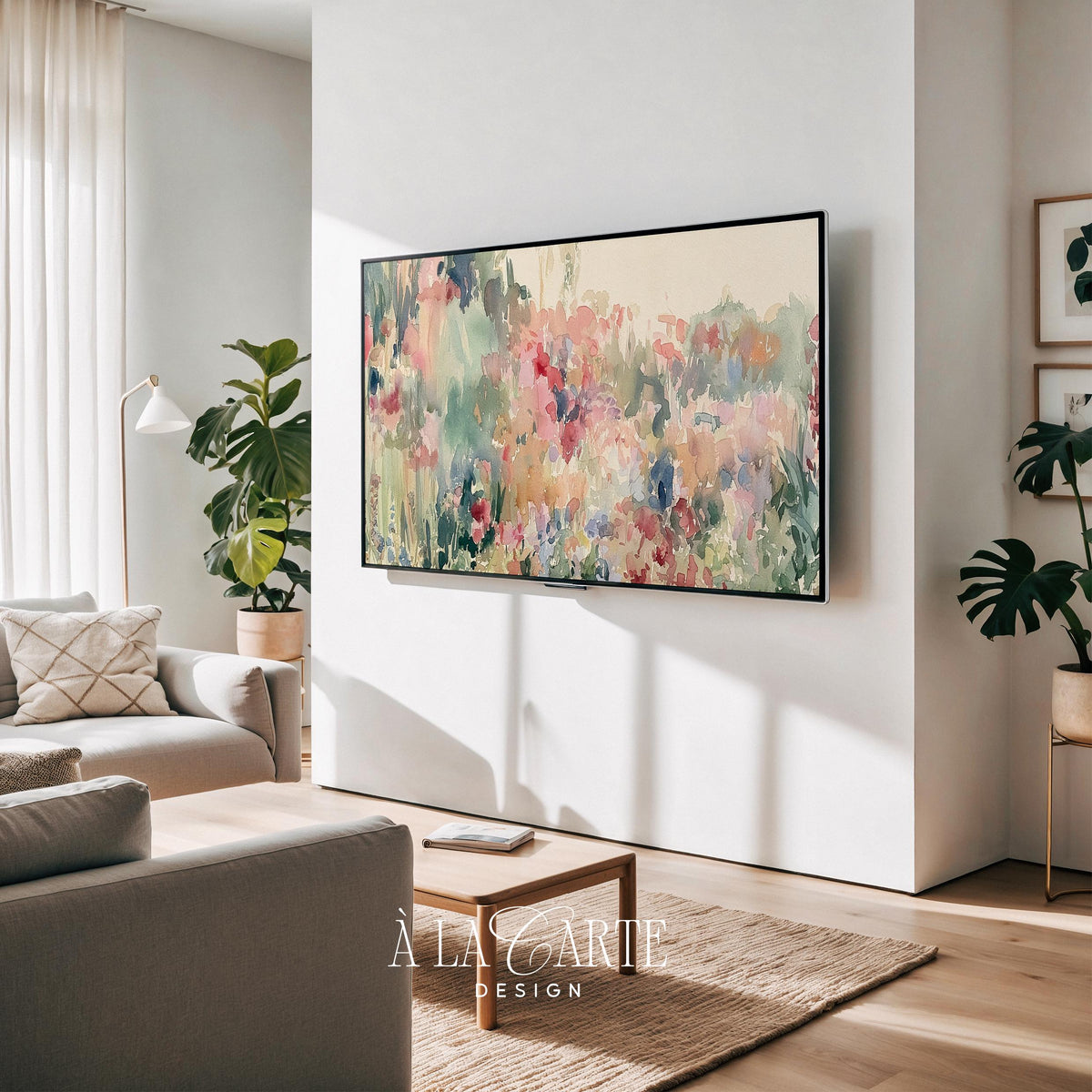 Dreamy meadow Samsung Frame TV art download — romantic cottagecore blooms with muted pastels and loose brushwork