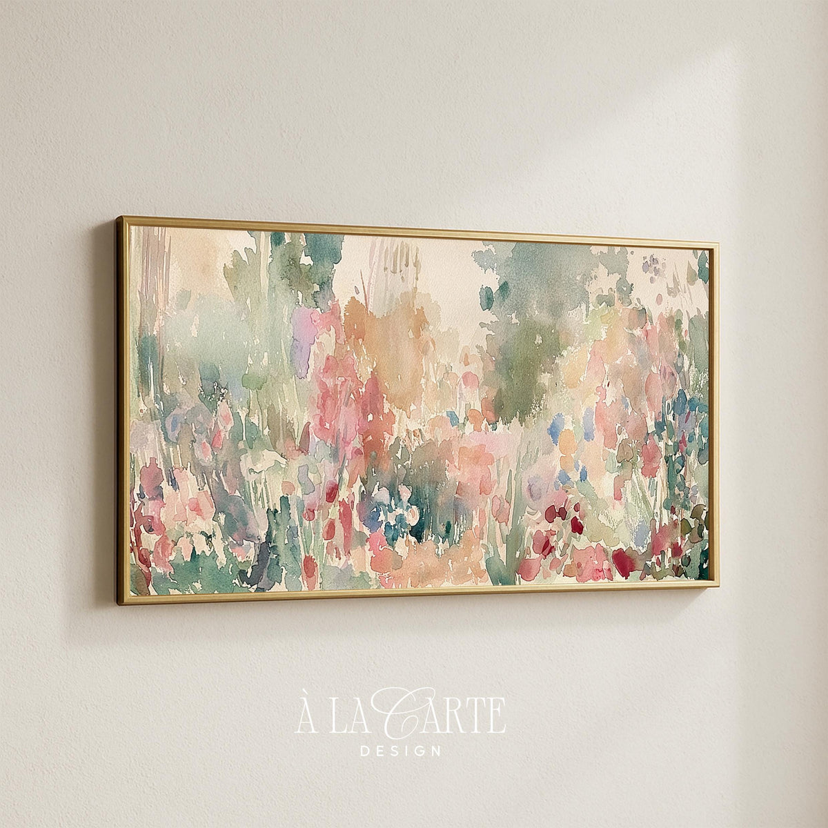 Abstract garden blooms digital art for TV — romantic cottagecore wildflower scene with dreamy pastel palette for living room