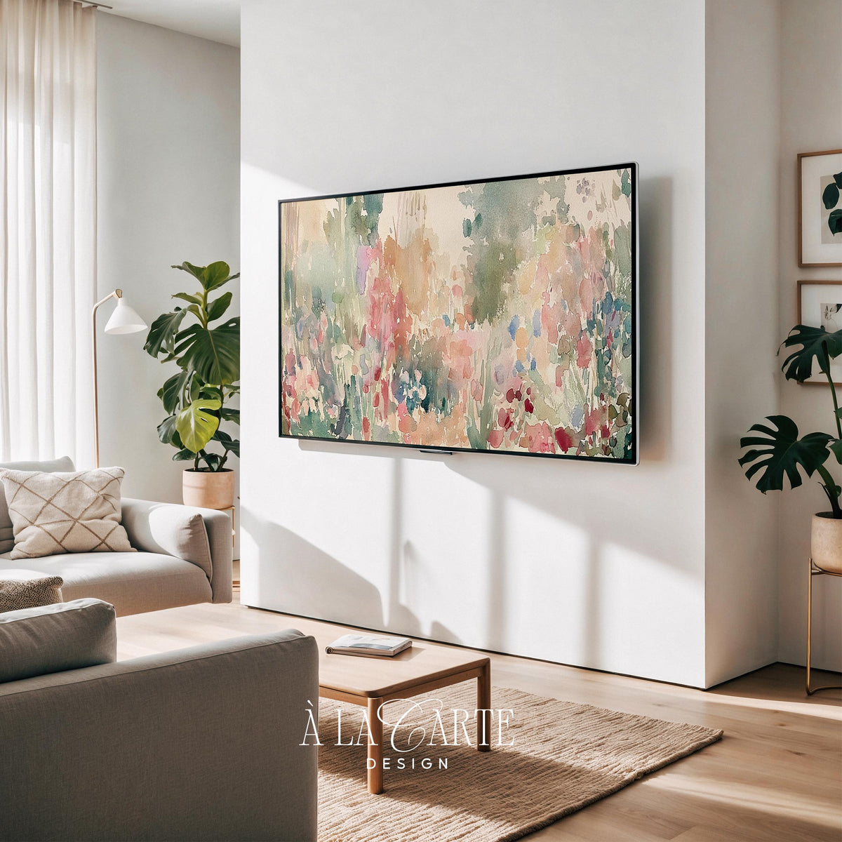 Soft blooming meadow digital art for Samsung Frame TV — watercolor wildflower scene with cozy cottagecore vibe and vintage charm