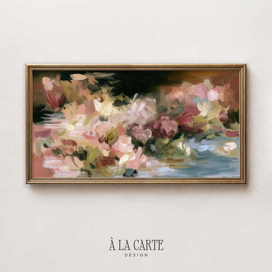 Loose petal composition TV art for nursery — blush and wine-toned flowers with vintage romantic mood
