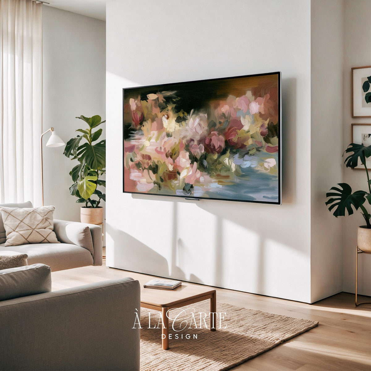 Textured botanical TV art for living room — burgundy and blush florals with vintage cottagecore vibes