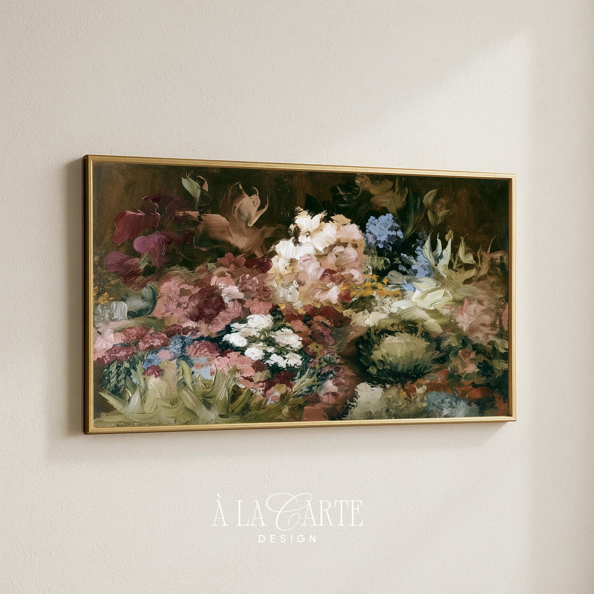 Antique-inspired floral Frame TV art for living room — rich jewel tone blooms with dramatic shadowy background
