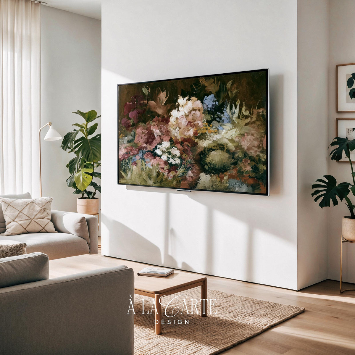 Luxe dusty pink bouquet Frame TV art — vintage-inspired still life with jewel tones and dramatic dark background