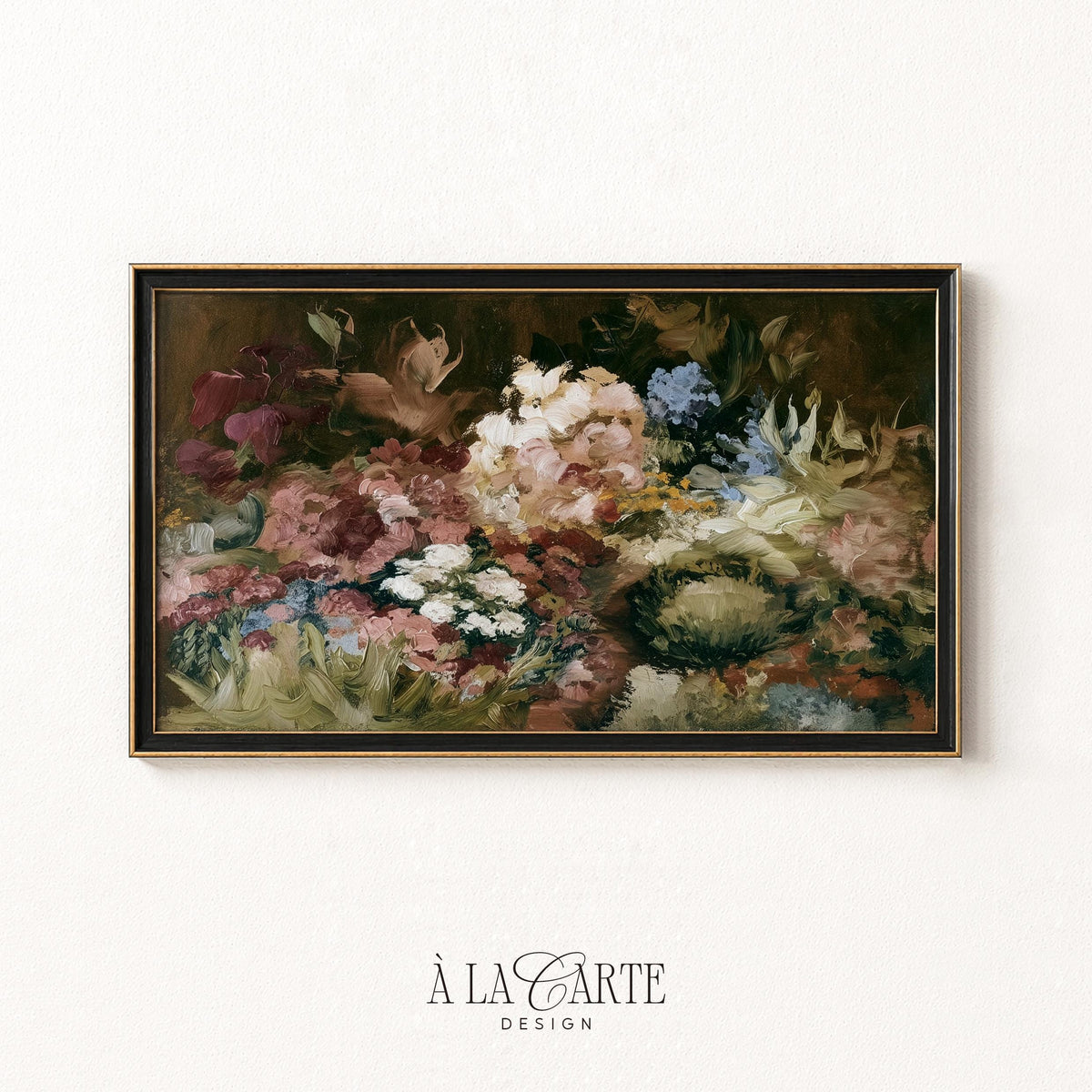 Dense garden flowers digital art for TV — romantic cottagecore still life with cream and dusty pink petals