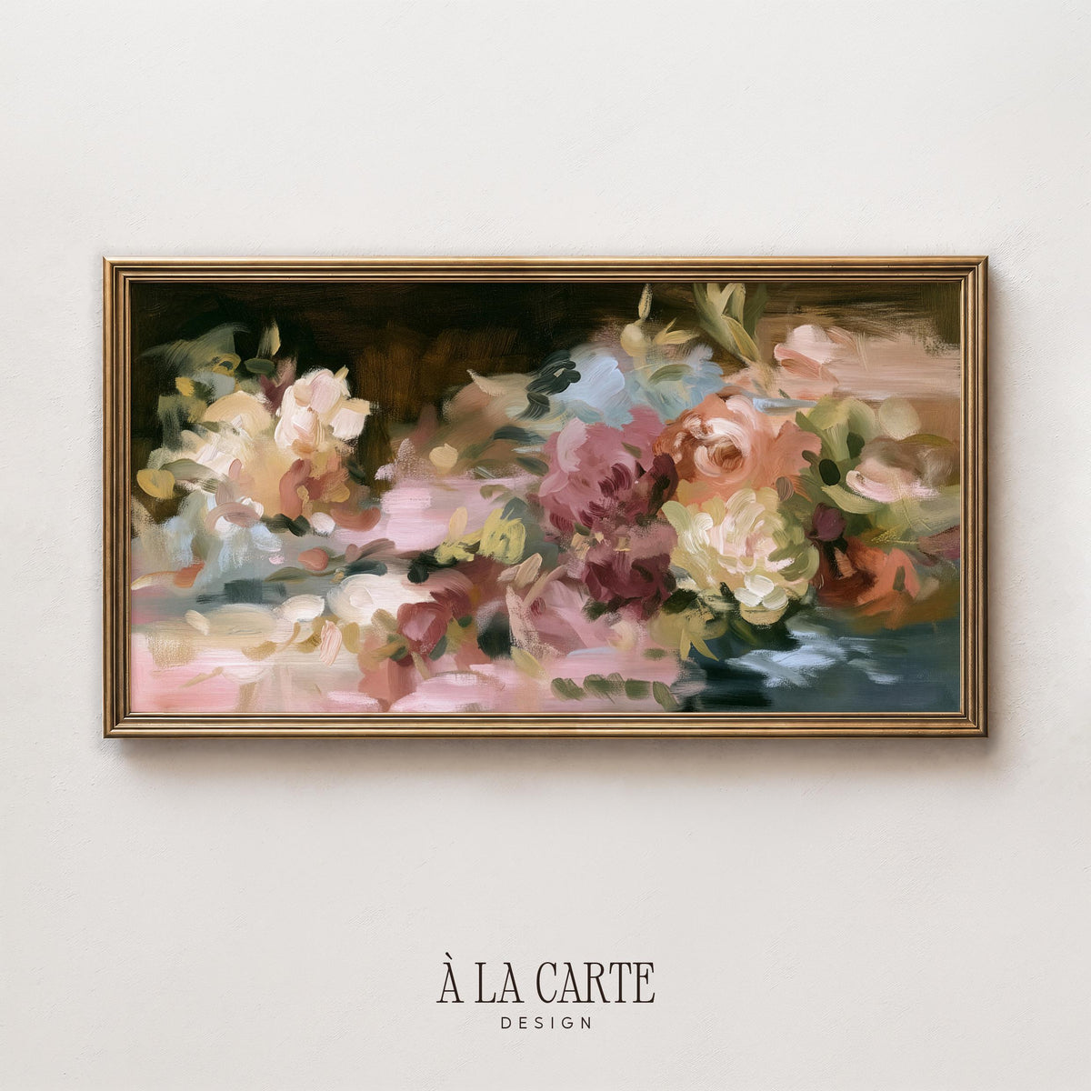 Cottagecore floral composition TV art for kitchen — soft-focus clustered blooms, vintage botanical aesthetic with romantic burgundy and blush hues