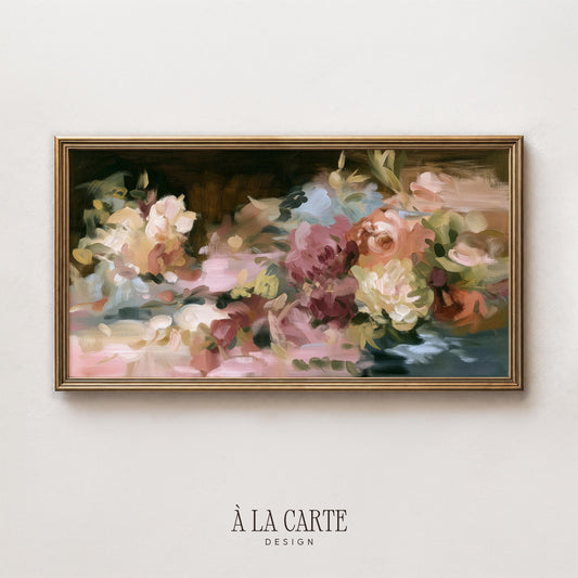 Cottagecore floral composition TV art for kitchen — soft-focus clustered blooms, vintage botanical aesthetic with romantic burgundy and blush hues