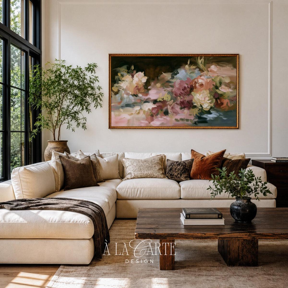 Moody botanical TV screensaver — clustered blooms in dusty blue and blush, romantic farmhouse-style Frame TV download for elegant spaces