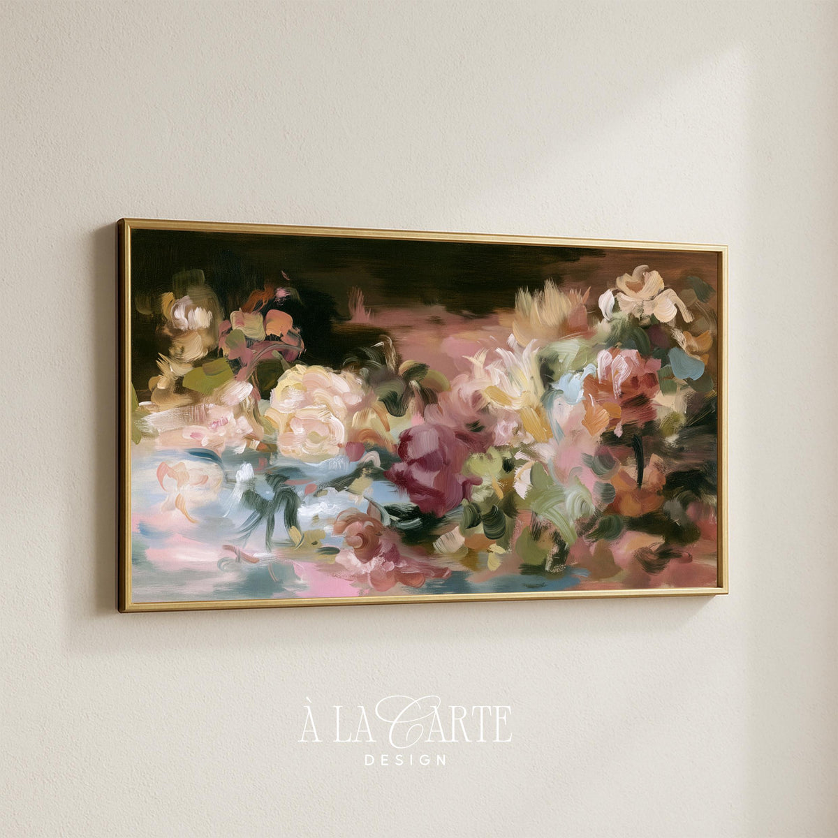 Moody rose garden Samsung Frame TV art for bedroom — blended botanical forms with creamy coral and sage hues against dark backdrop