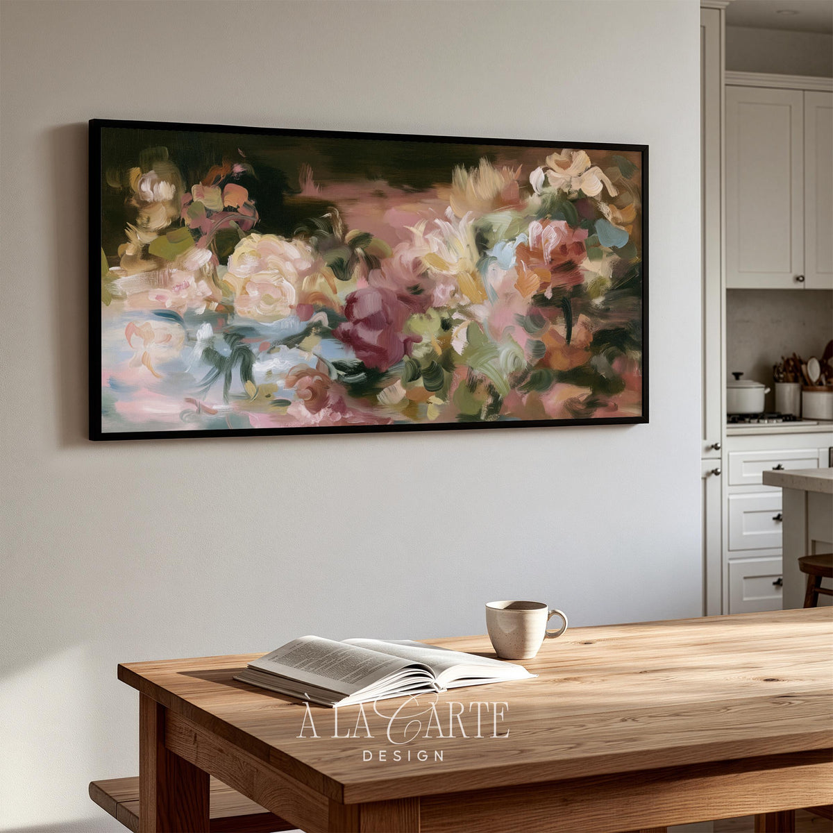 Garden bloom still life Frame TV art for dining room — atmospheric brushwork capturing delicate petals in dreamy romantic light