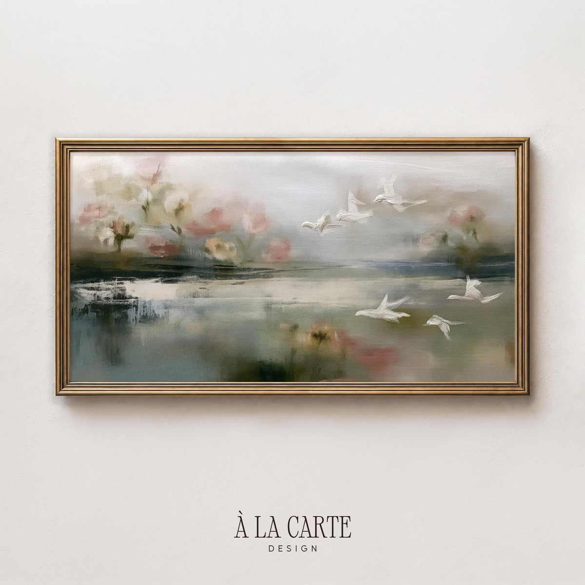 White cranes flying over misty water Frame TV art for bedroom — vintage landscape TV screensaver with soft sage and blush tones